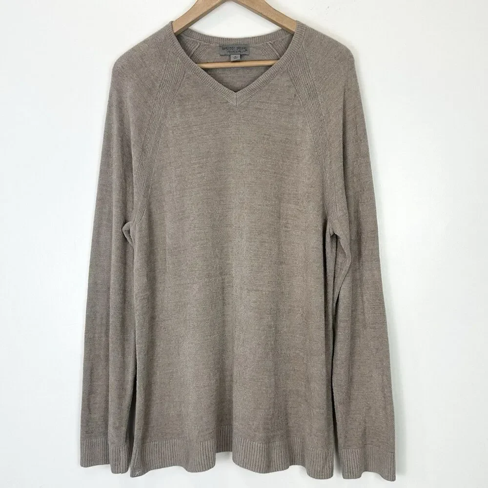 Barefoot Dreams CozyChic Ultra Lite Men's V-Neck Pullover M Taupe Beige Sweater